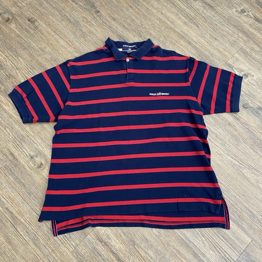 90's Polo‎ Sport Ralph Lauren Red Blue USA Stripes Rugby Spell Out Size XLARGE
